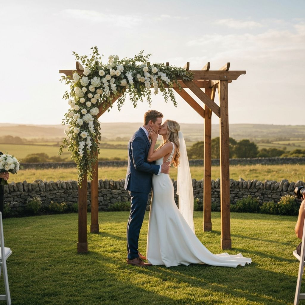 Outdoor ceremony with couple under floral arch at sunset